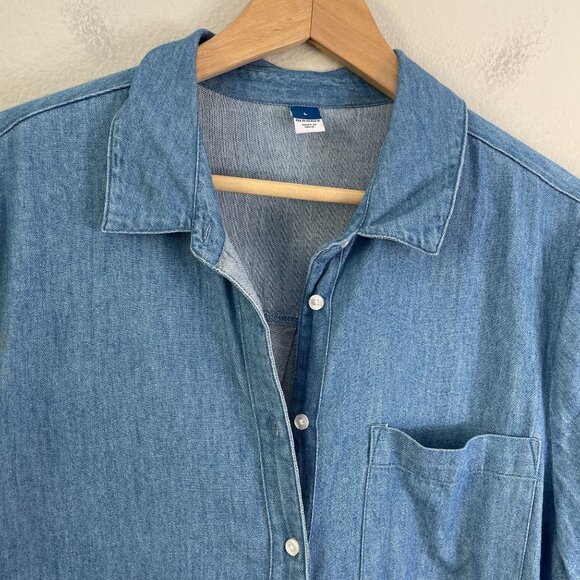 Old Navy Womens Large Chambray Shirt Dress Short Sleeve Button Up Denim Pockets - Picture 2 of 9